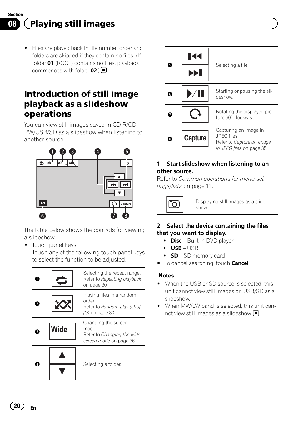 Introduction of still image playback as a, Slideshow operations, 08 playing still images | Pioneer AVH-3300BT User Manual | Page 20 / 96