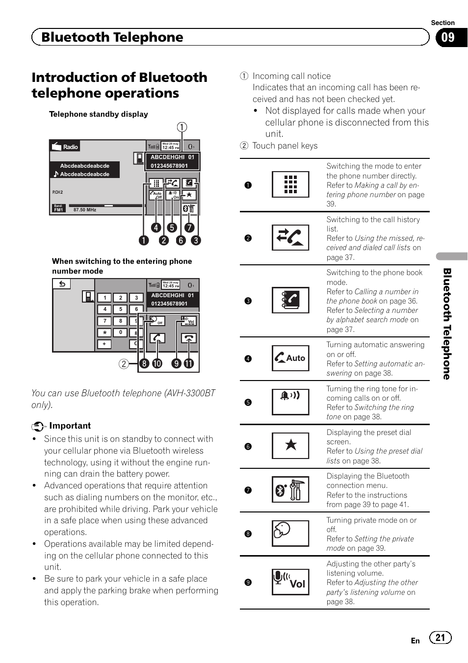 Operations, Introduction of bluetooth telephone operations, 8b a 9 2 | Bluetooth telephone, You can use bluetooth telephone (avh-3300bt only) | Pioneer AVH-3300BT User Manual | Page 21 / 96