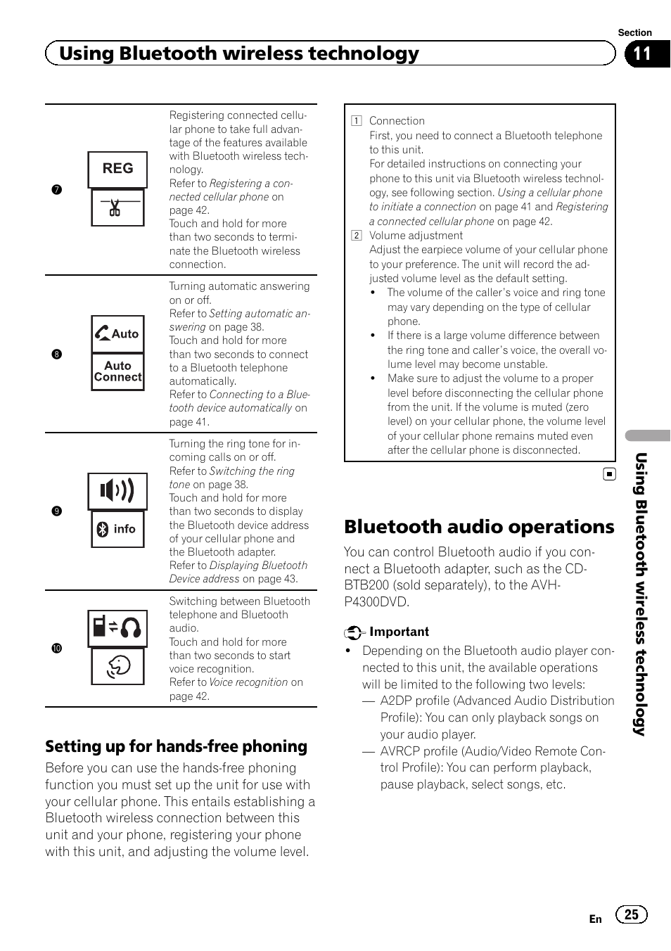 Bluetooth audio operations, Using bluetooth wireless technology, Setting up for hands-free phoning | Pioneer AVH-3300BT User Manual | Page 25 / 96