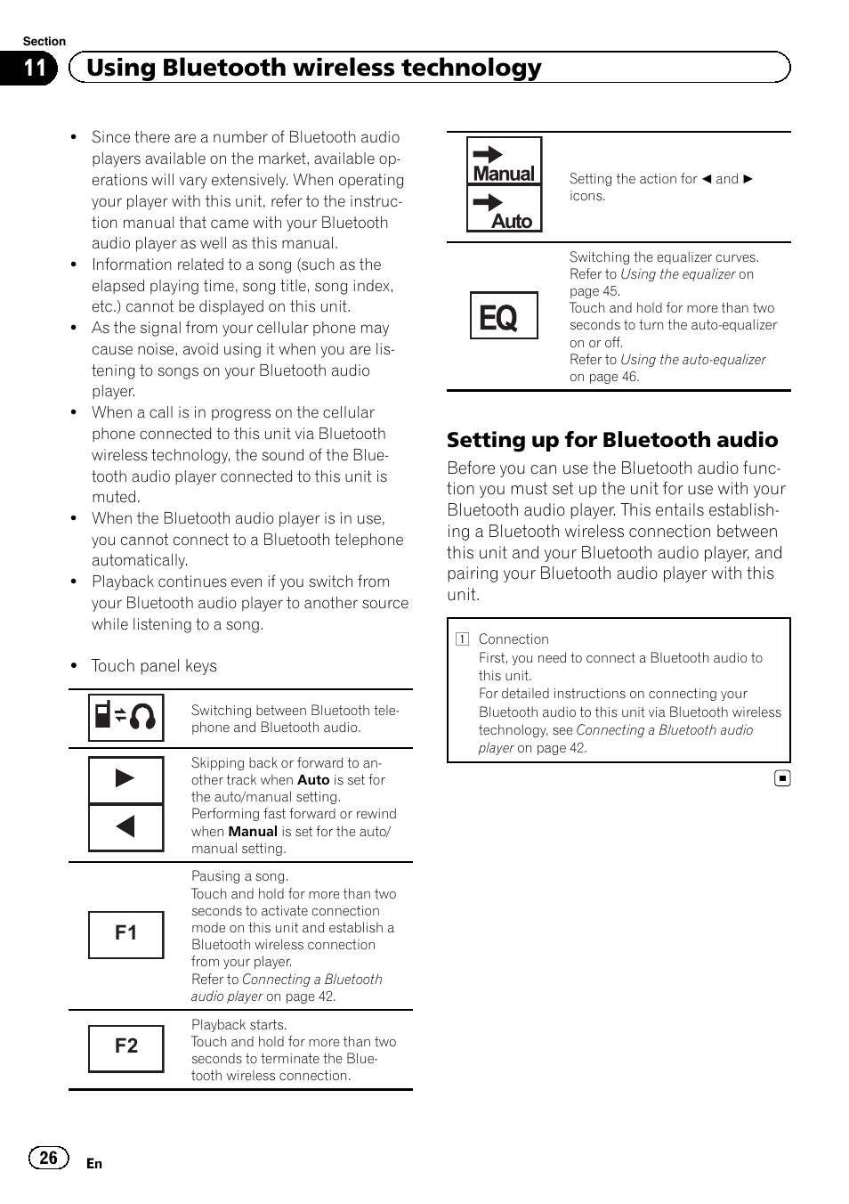 11 using bluetooth wireless technology, Setting up for bluetooth audio, Auto | Pioneer AVH-3300BT User Manual | Page 26 / 96