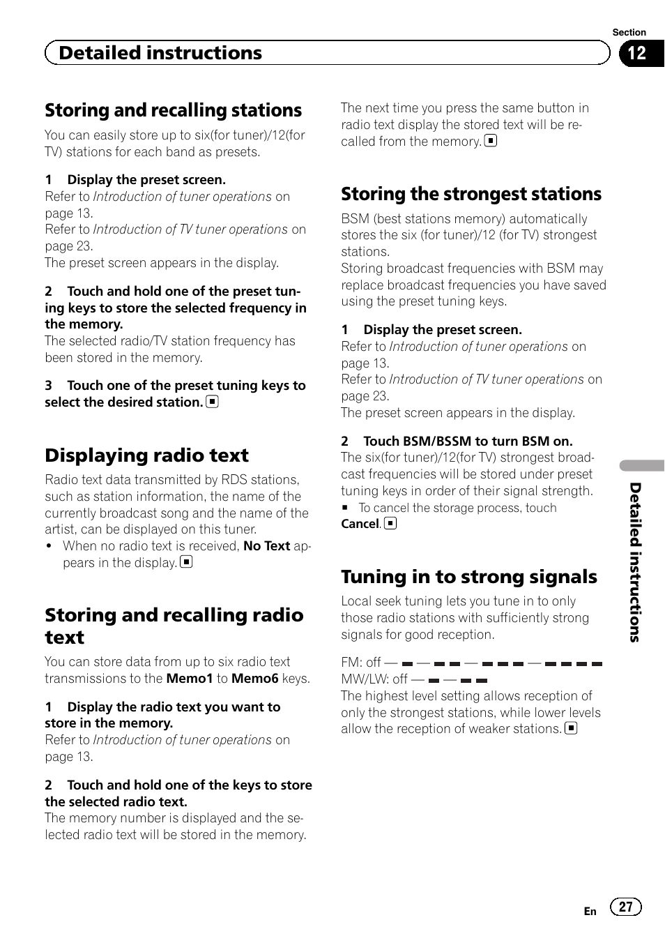 Displaying radio text, Storing and recalling radio text, Storing the strongest stations | Tuning in to strong signals, Storing and recalling stations, Detailed instructions | Pioneer AVH-3300BT User Manual | Page 27 / 96