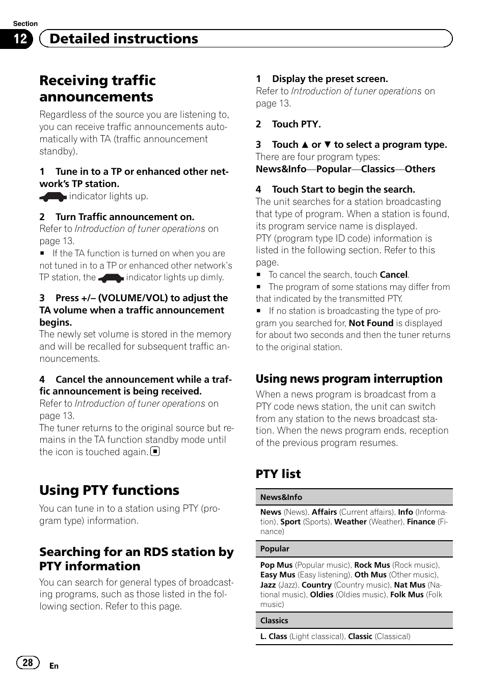 Receiving traffic announcements, Using pty functions, 12 detailed instructions | Searching for an rds station by pty information, Using news program interruption, Pty list | Pioneer AVH-3300BT User Manual | Page 28 / 96