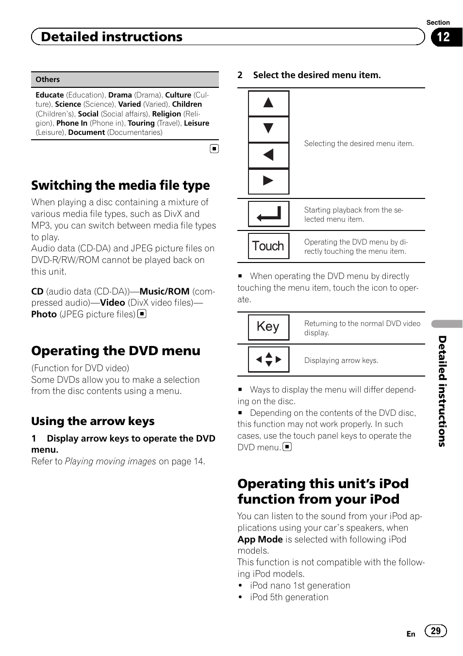 Switching the media file type, Operating the dvd menu, Operating this unit | S ipod function from your, Ipod, S ipod function from, Detailed instructions, Using the arrow keys | Pioneer AVH-3300BT User Manual | Page 29 / 96