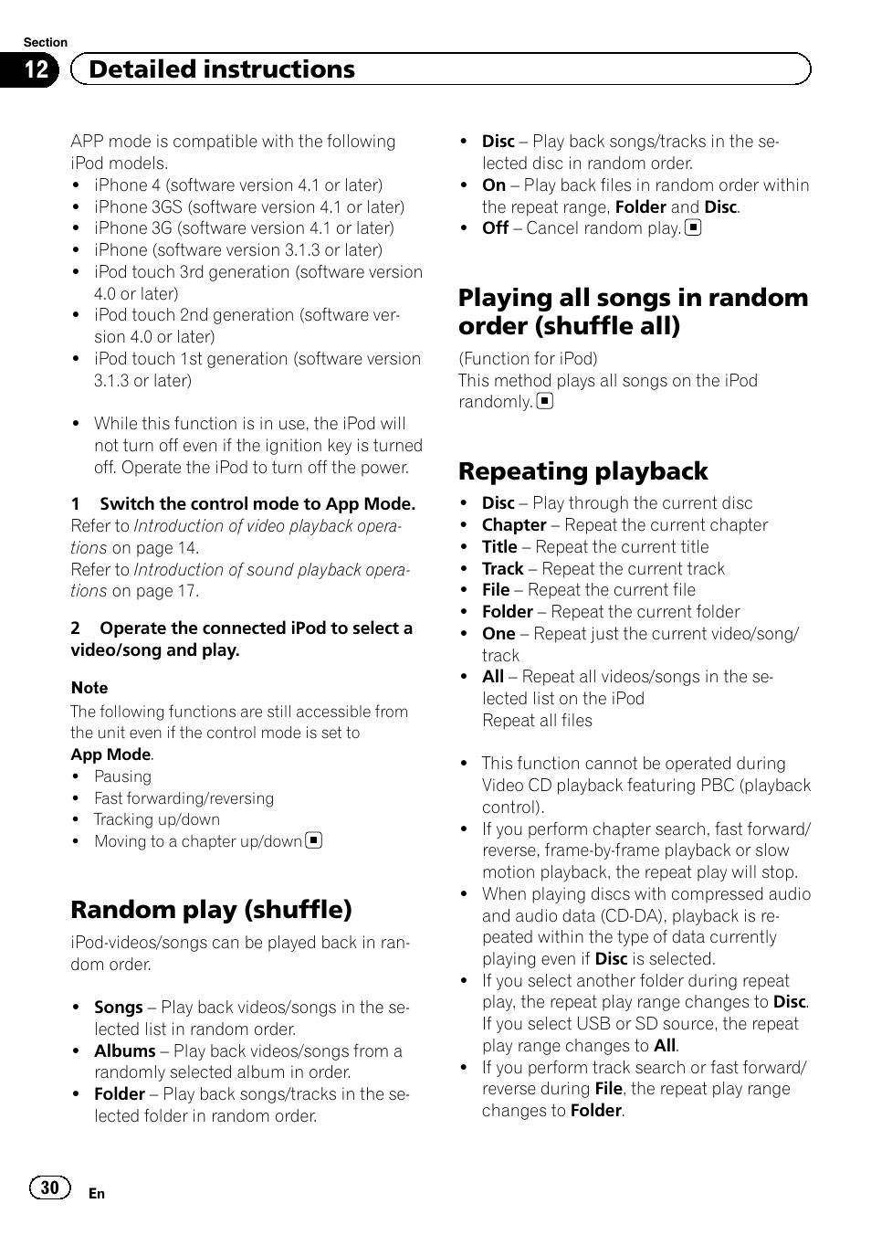 Random play (shuffle), Playing all songs in random order (shuffle, All) | Repeating playback, Playing all songs in random order (shuffle all), 12 detailed instructions | Pioneer AVH-3300BT User Manual | Page 30 / 96