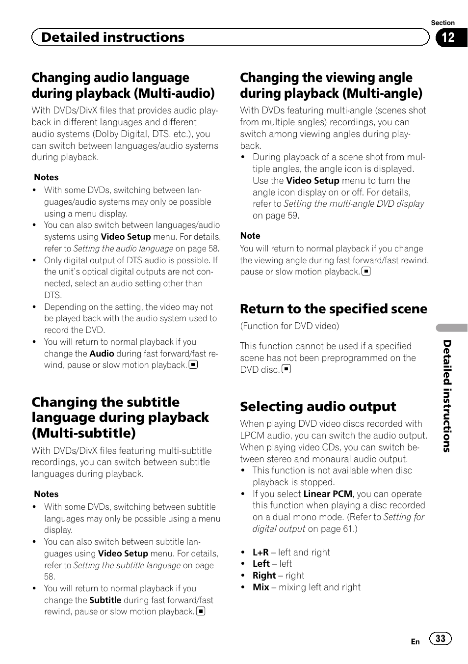 Changing audio language during playback, Multi-audio), Changing the subtitle language during | Playback (multi-subtitle), Changing the viewing angle during playback, Multi-angle), Return to the specified scene, Selecting audio output, Detailed instructions | Pioneer AVH-3300BT User Manual | Page 33 / 96