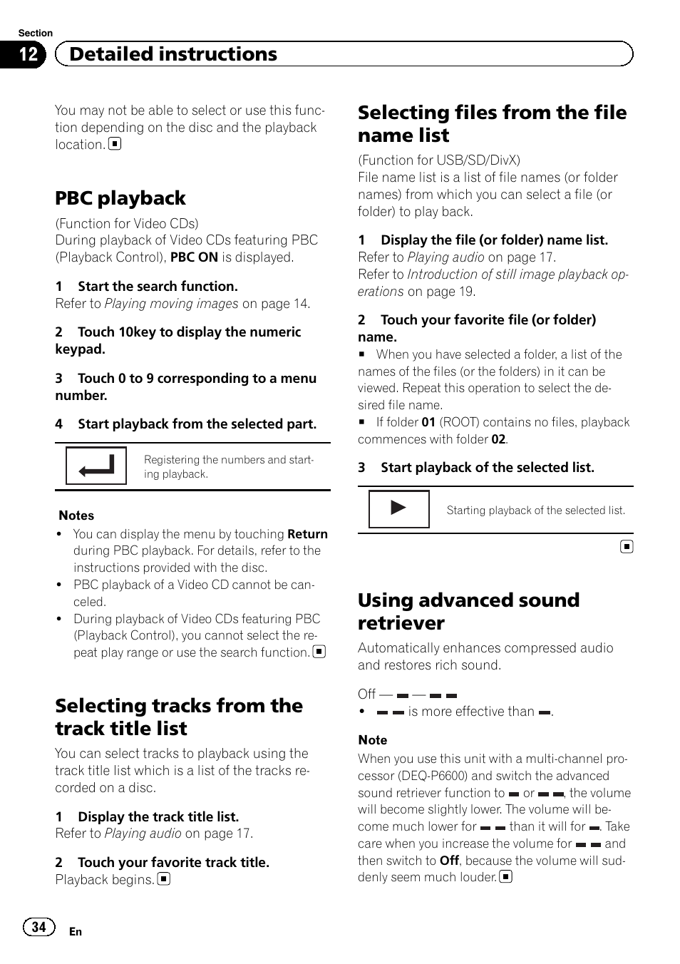 Pbc playback, Selecting tracks from the track title list, Selecting files from the file name list | Using advanced sound retriever, 12 detailed instructions | Pioneer AVH-3300BT User Manual | Page 34 / 96