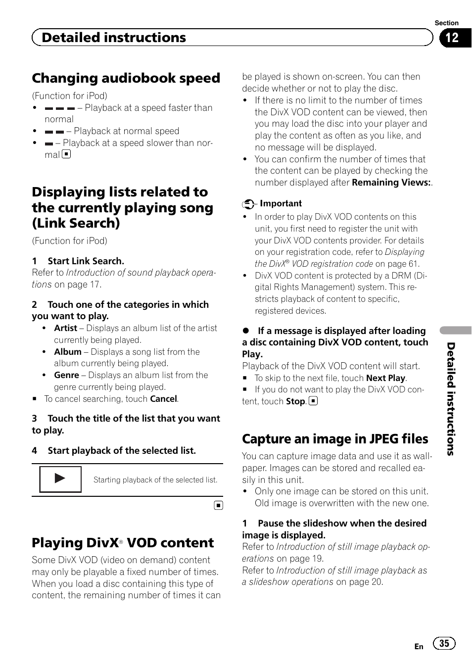 Changing audiobook speed, Displaying lists related to the currently, Playing song (link search) | Playing divx, Â vod content 35, Capture an image in jpeg files, Vod content, Detailed instructions | Pioneer AVH-3300BT User Manual | Page 35 / 96