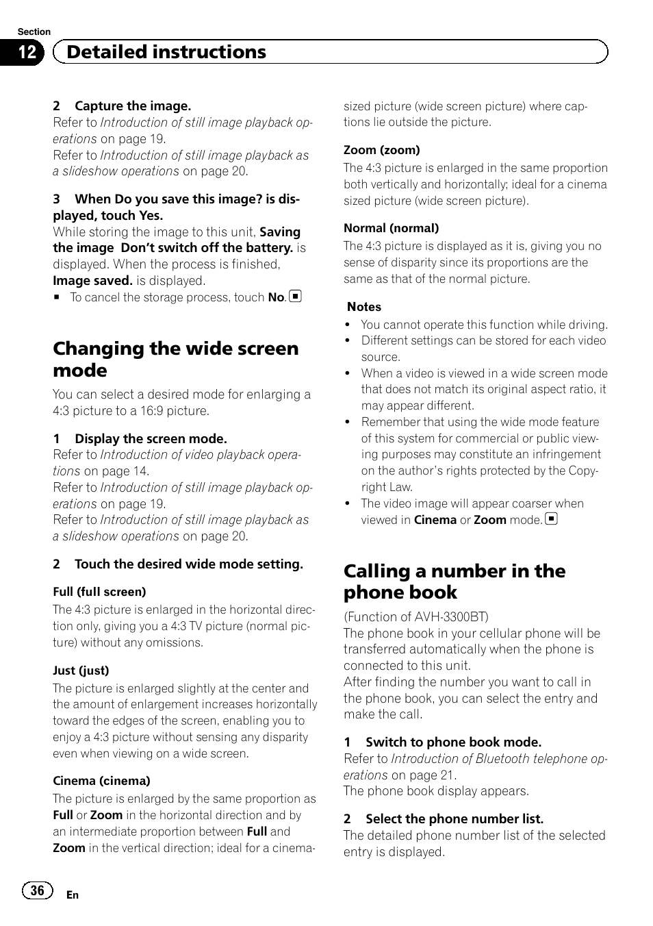 Changing the wide screen mode, Calling a number in the phone book, 12 detailed instructions | Pioneer AVH-3300BT User Manual | Page 36 / 96