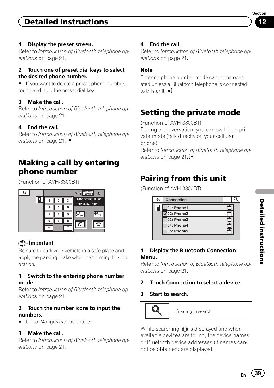 Making a call by entering phone number, Setting the private mode, Pairing from this unit | Detailed instructions | Pioneer AVH-3300BT User Manual | Page 39 / 96
