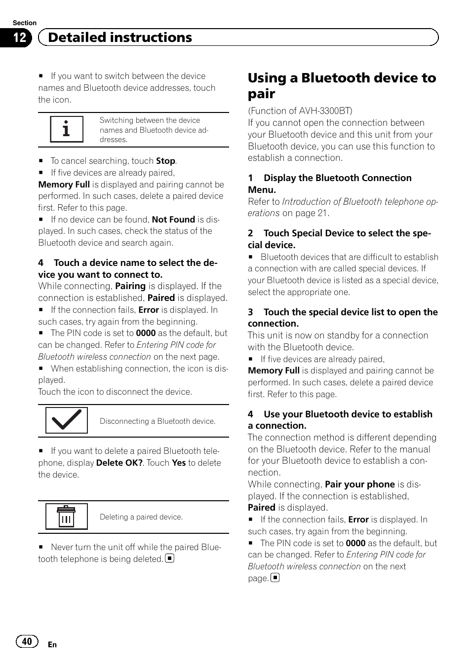 Using a bluetooth device to pair, 12 detailed instructions | Pioneer AVH-3300BT User Manual | Page 40 / 96