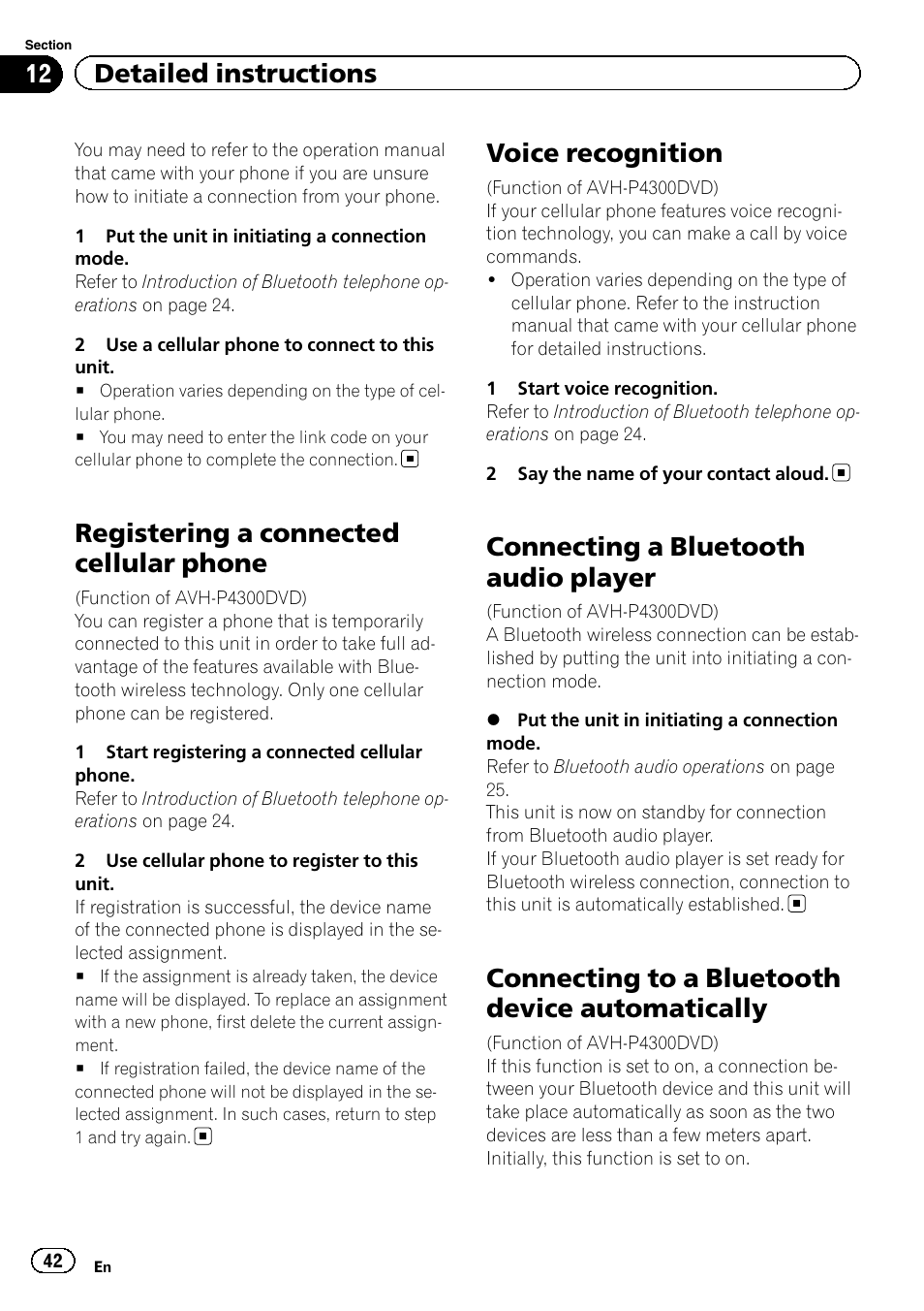 Registering a connected cellular phone, Voice recognition, Connecting a bluetooth audio player | Connecting to a bluetooth device, Automatically, Connecting to a bluetooth device automatically, 12 detailed instructions | Pioneer AVH-3300BT User Manual | Page 42 / 96