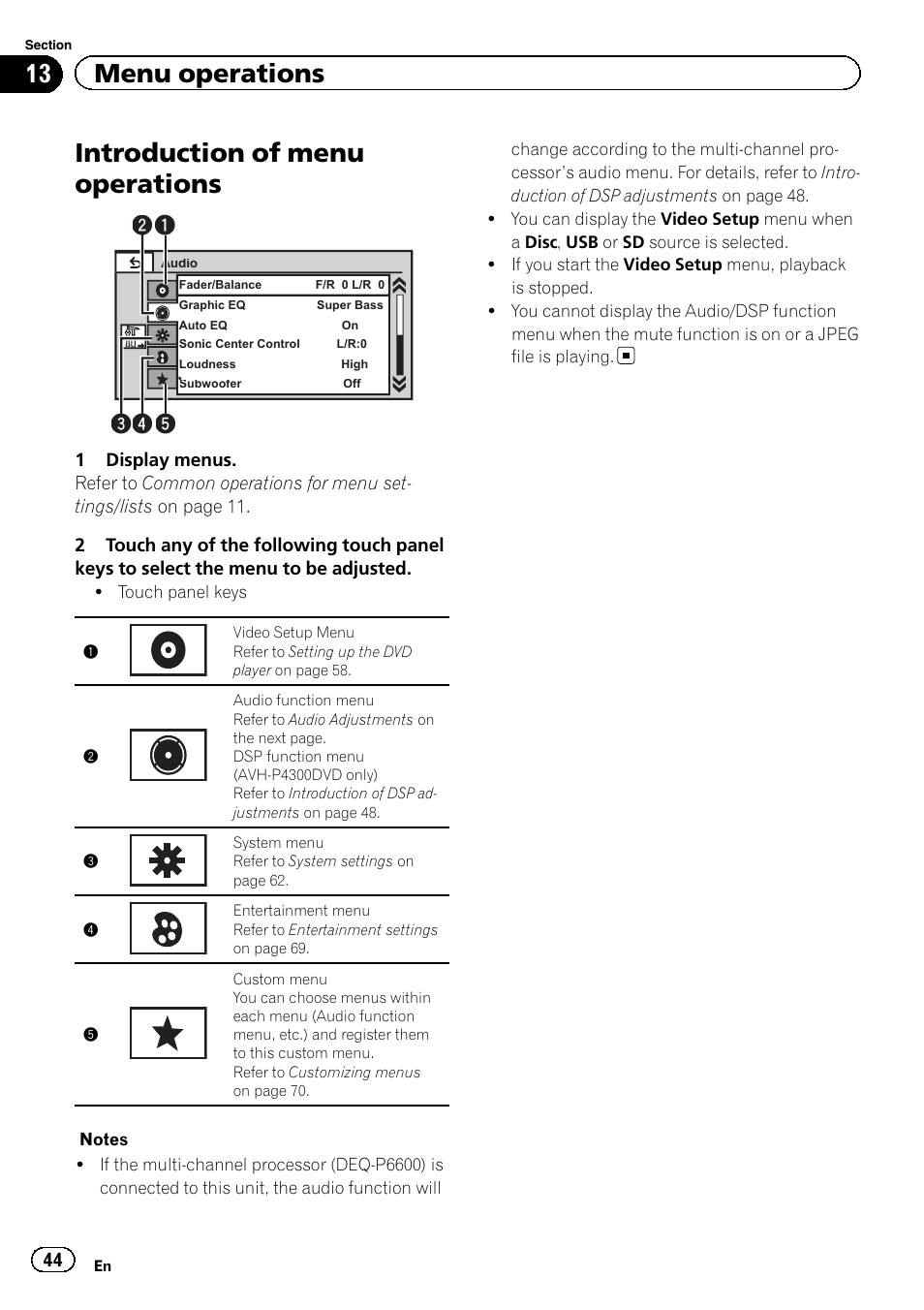 Menu operations introduction of menu operations, Introduction of menu operations, 13 menu operations | Pioneer AVH-3300BT User Manual | Page 44 / 96