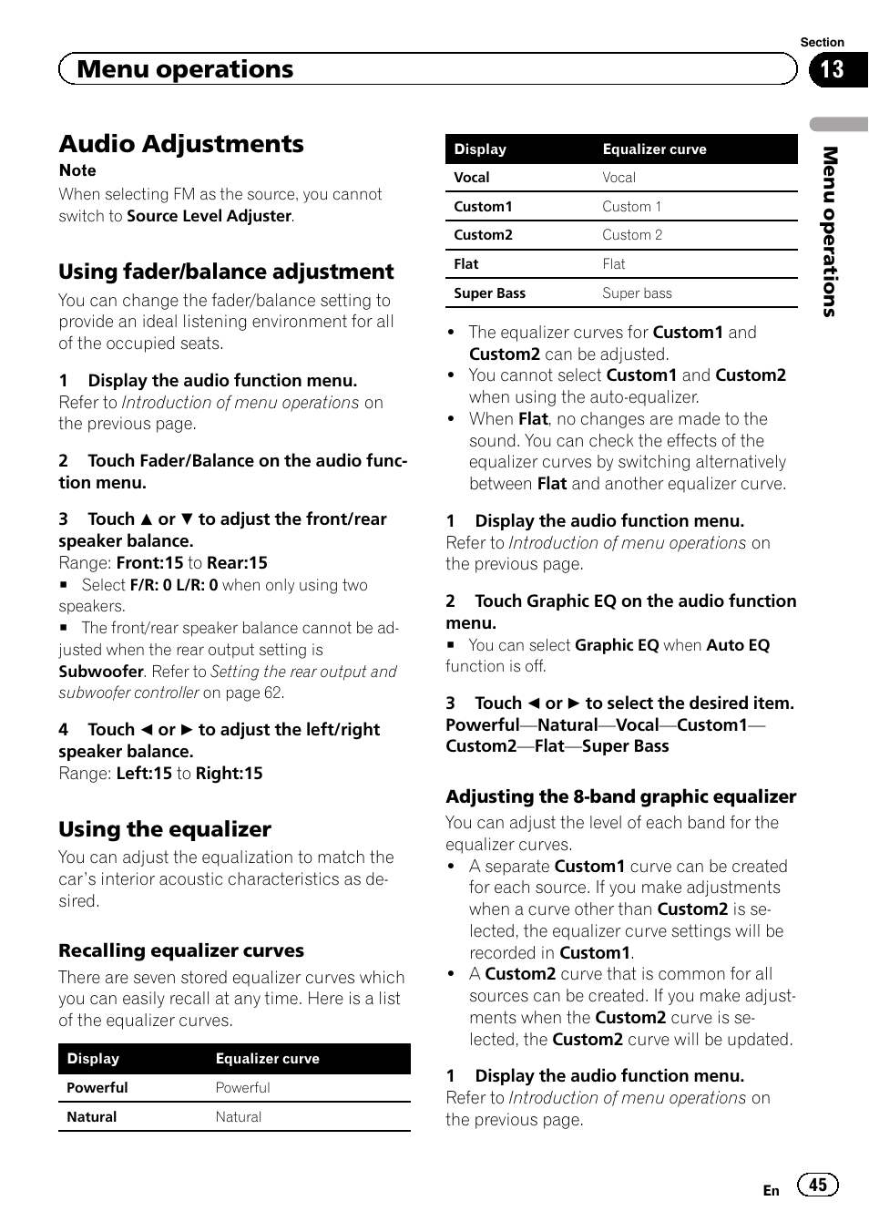 Audio adjustments, Menu operations, Using fader/balance adjustment | Using the equalizer | Pioneer AVH-3300BT User Manual | Page 45 / 96