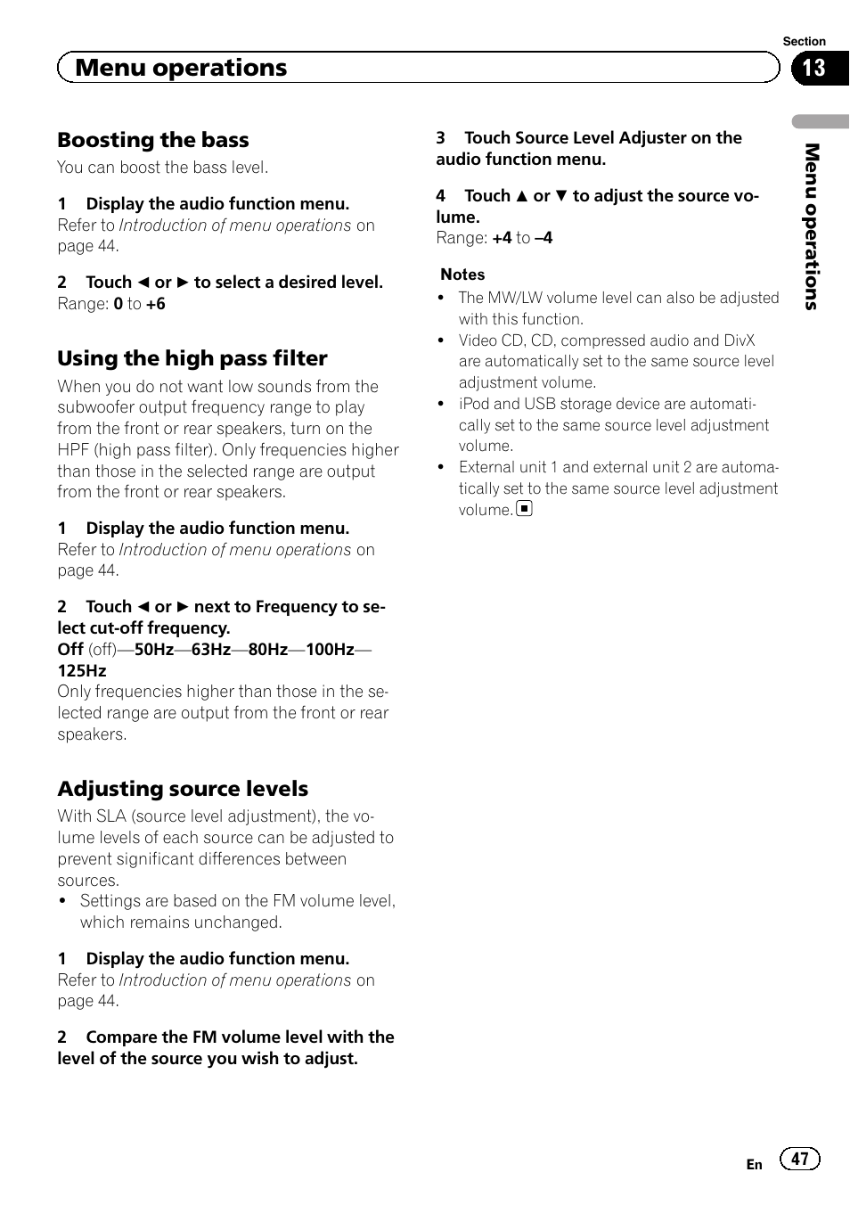 Menu operations, Boosting the bass, Using the high pass filter | Adjusting source levels | Pioneer AVH-3300BT User Manual | Page 47 / 96