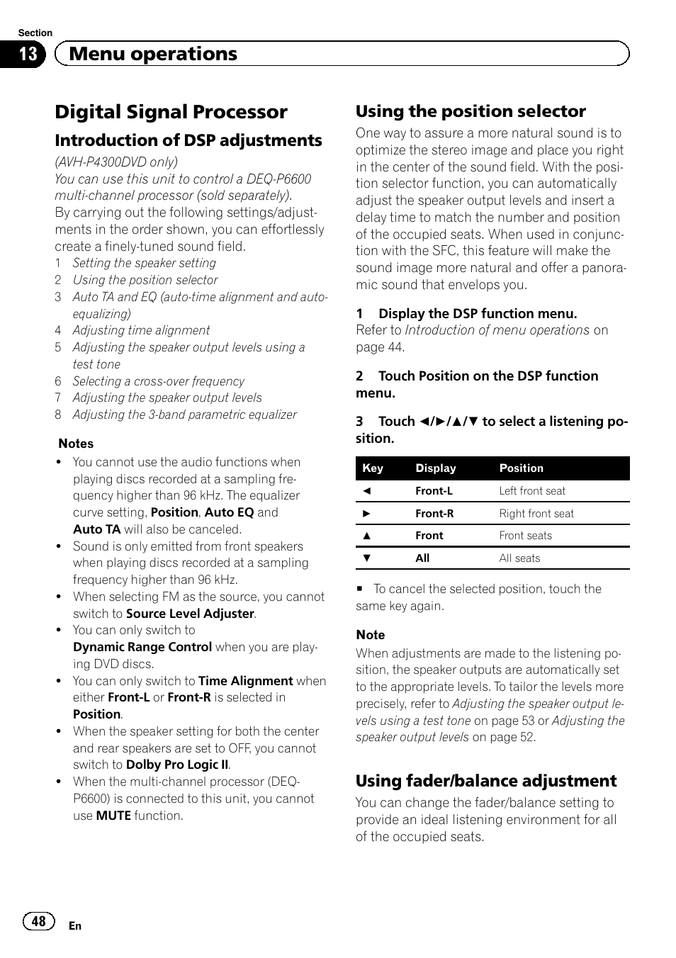 Digital signal processor, Intro, 13 menu operations | Introduction of dsp adjustments, Using the position selector, Using fader/balance adjustment | Pioneer AVH-3300BT User Manual | Page 48 / 96