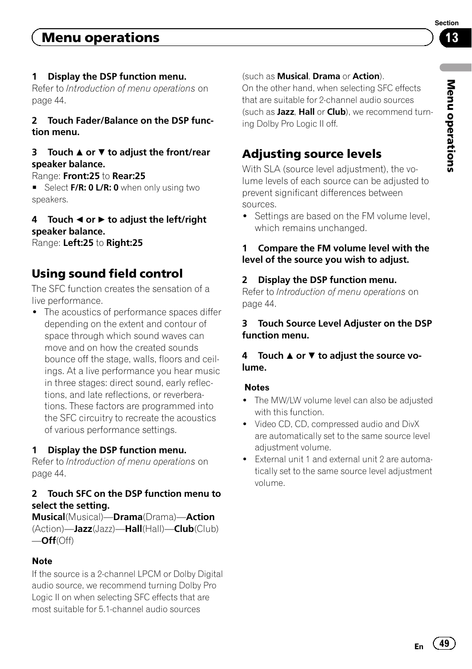 Menu operations, Using sound field control, Adjusting source levels | Pioneer AVH-3300BT User Manual | Page 49 / 96