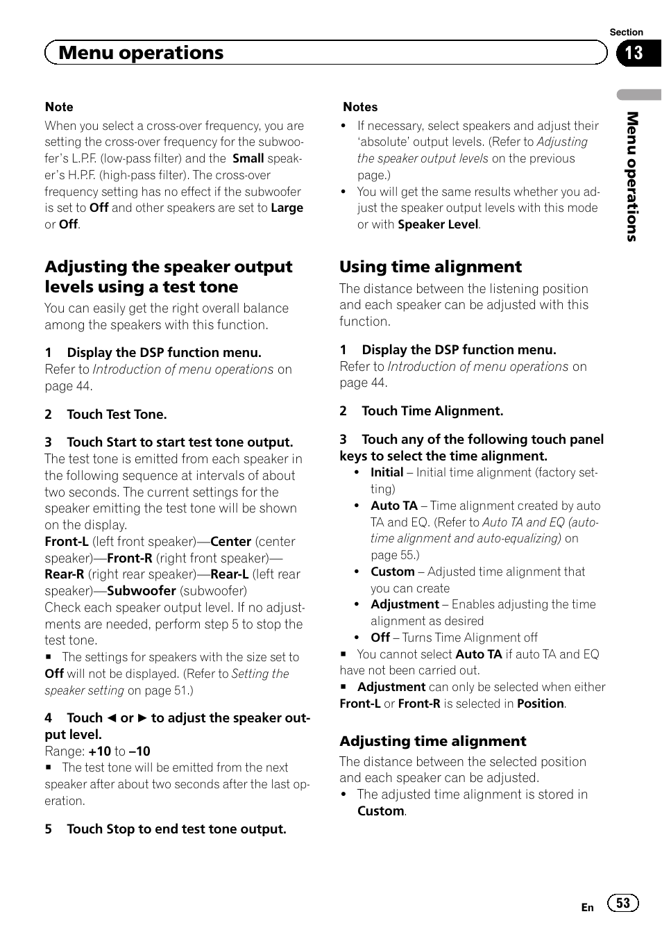 Adjusting time alignment, Menu operations, Using time alignment | Pioneer AVH-3300BT User Manual | Page 53 / 96