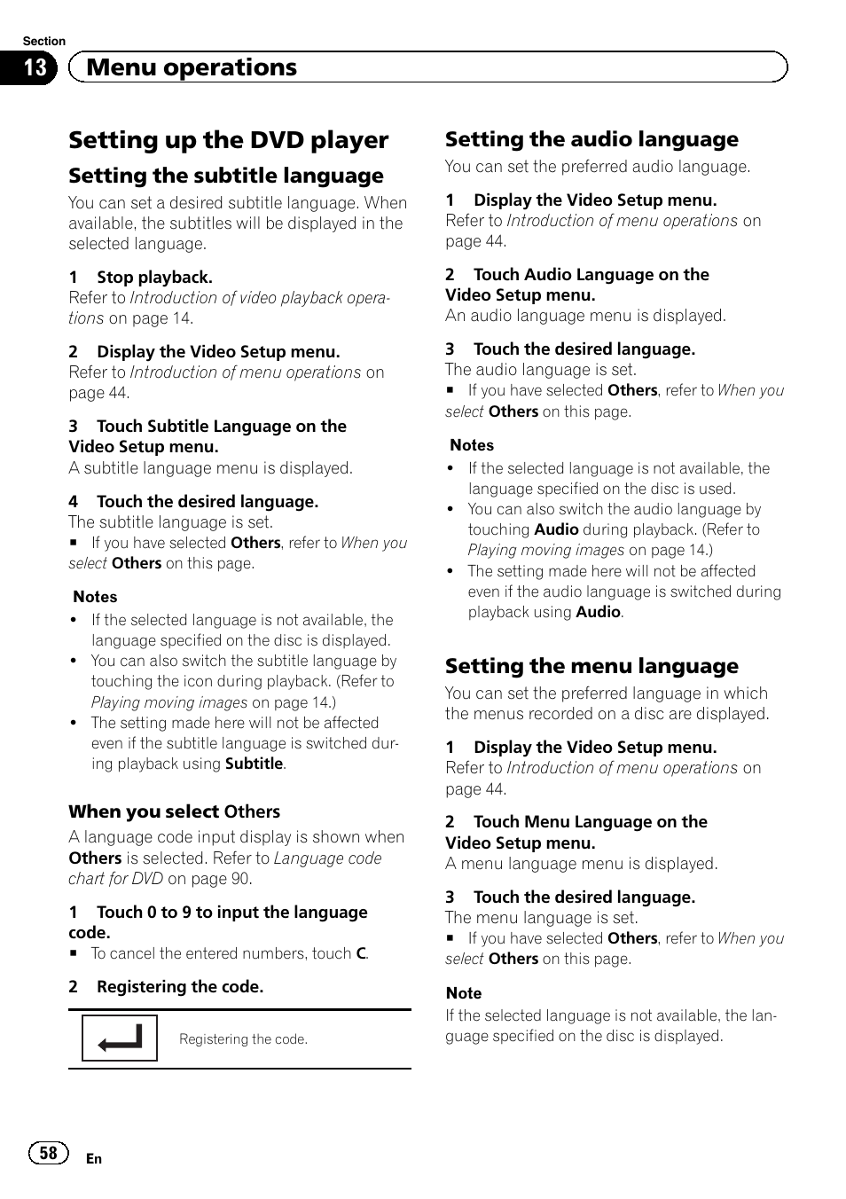 Setting up the dvd player, 13 menu operations, Setting the subtitle language | Setting the audio language, Setting the menu language | Pioneer AVH-3300BT User Manual | Page 58 / 96