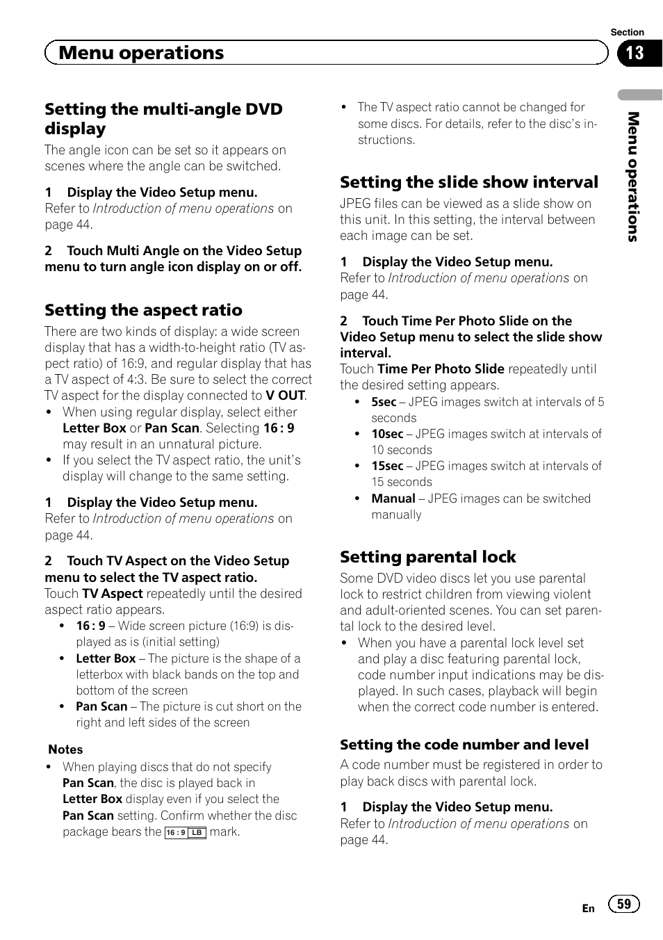 Menu operations, Setting the multi-angle dvd display, Setting the aspect ratio | Setting the slide show interval, Setting parental lock | Pioneer AVH-3300BT User Manual | Page 59 / 96