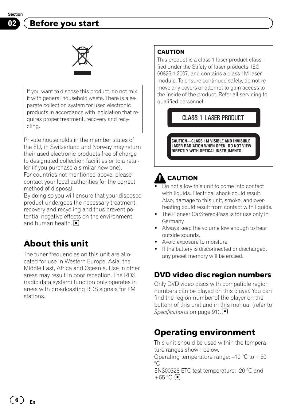 Dvd video disc region numbers 6, Before you start about this unit, Operating environment | About this unit, 02 before you start, Dvd video disc region numbers | Pioneer AVH-3300BT User Manual | Page 6 / 96