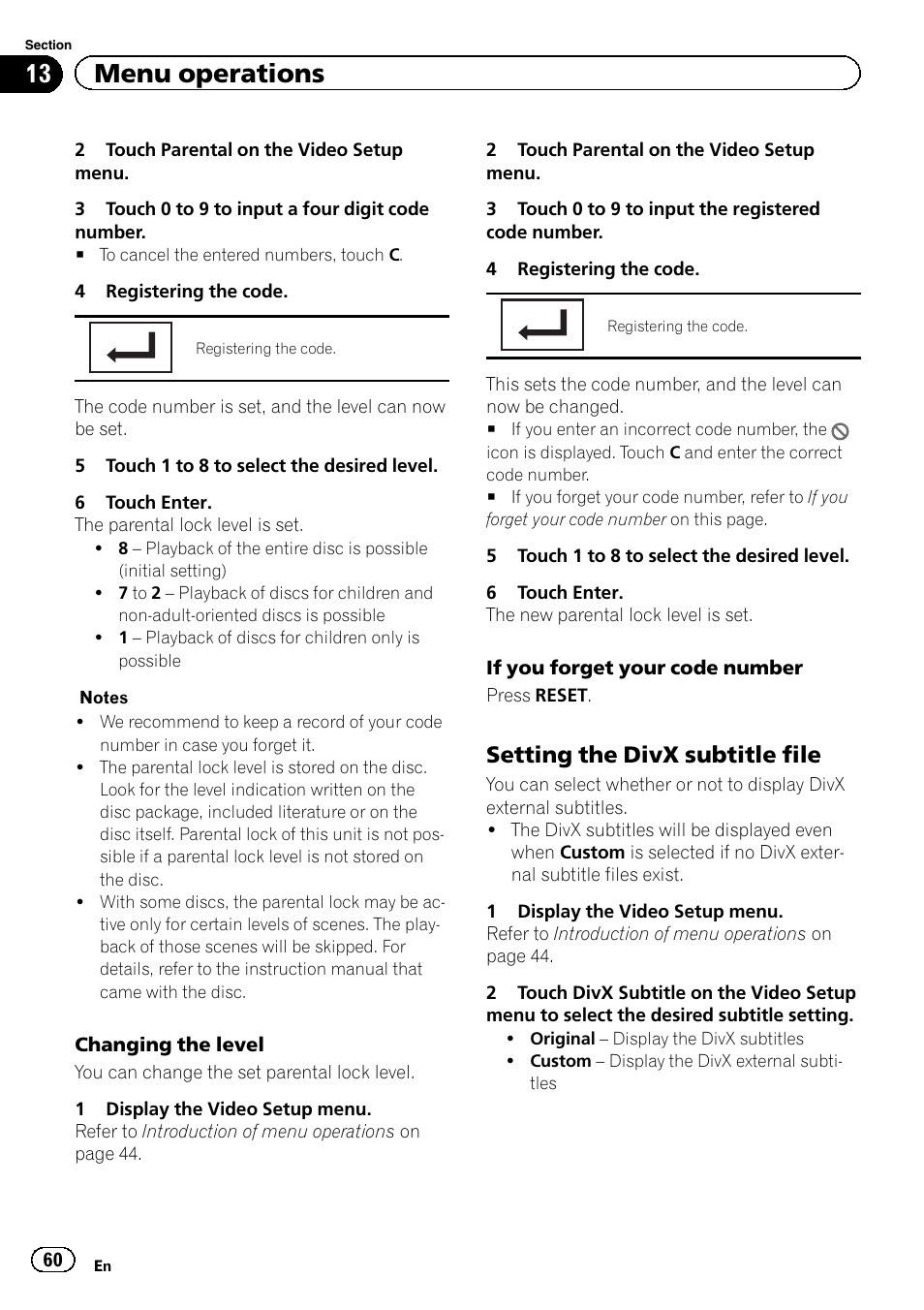 13 menu operations, Setting the divx subtitle file | Pioneer AVH-3300BT User Manual | Page 60 / 96