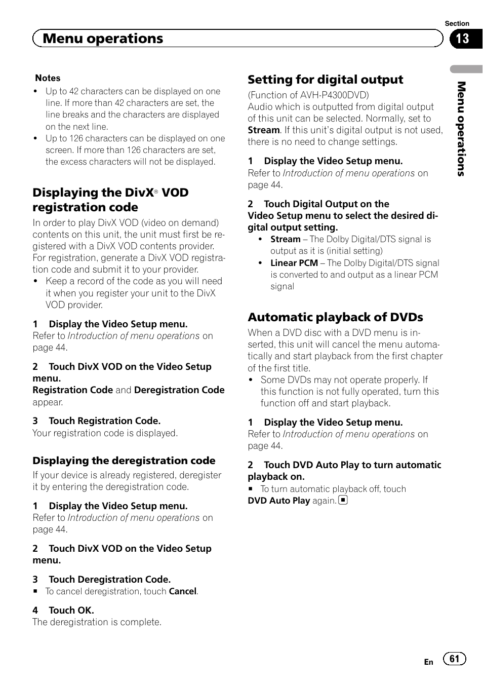 Displaying the divx, Menu operations, Vod registration code | Setting for digital output, Automatic playback of dvds | Pioneer AVH-3300BT User Manual | Page 61 / 96