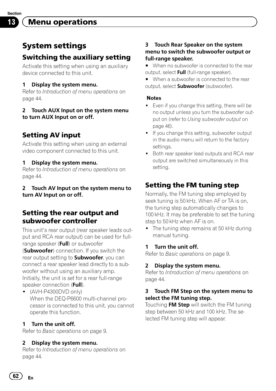 System settings, 13 menu operations, Switching the auxiliary setting | Setting av input, Setting the rear output and subwoofer controller, Setting the fm tuning step | Pioneer AVH-3300BT User Manual | Page 62 / 96