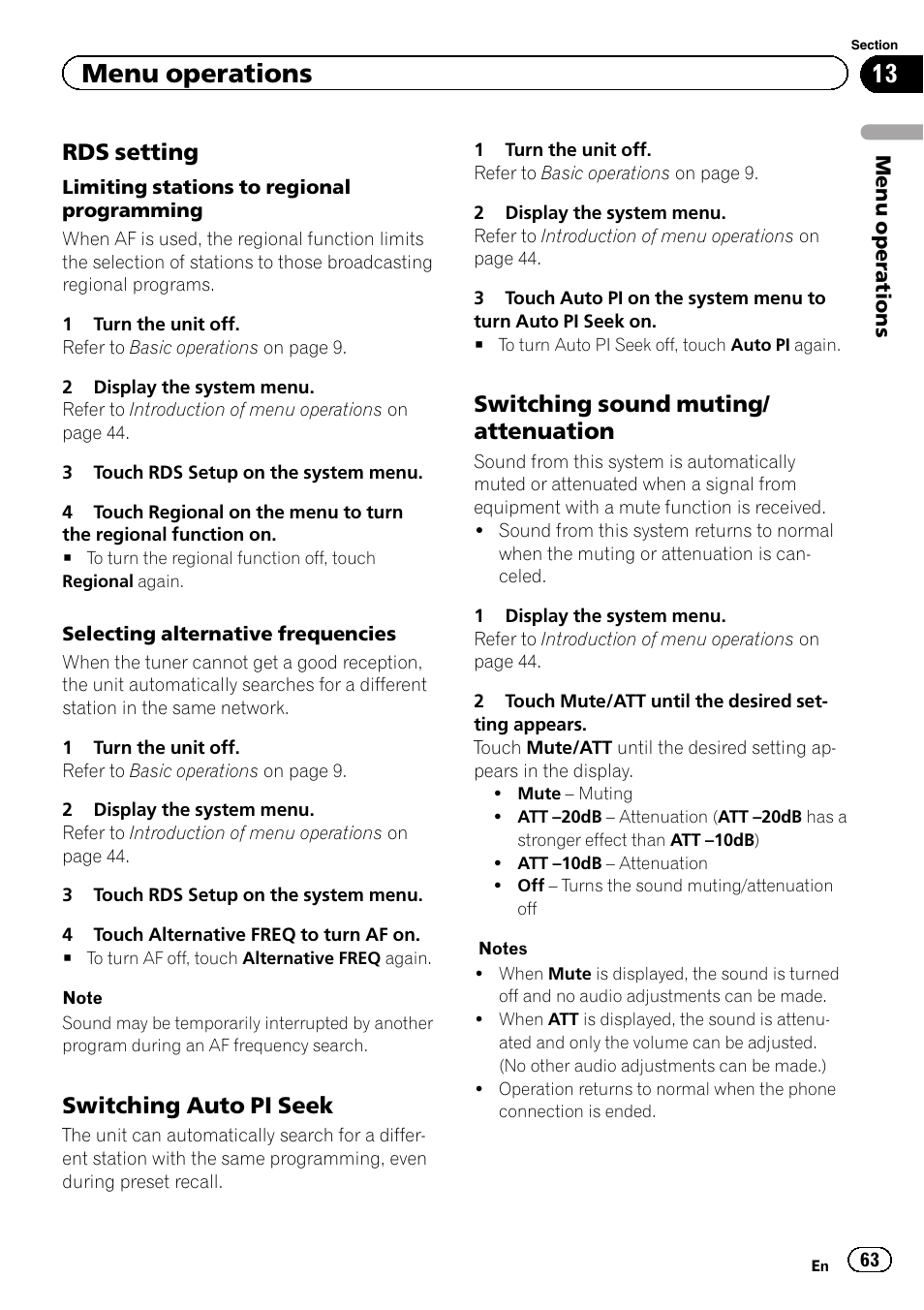 Menu operations, Rds setting, Switching auto pi seek | Switching sound muting/ attenuation | Pioneer AVH-3300BT User Manual | Page 63 / 96