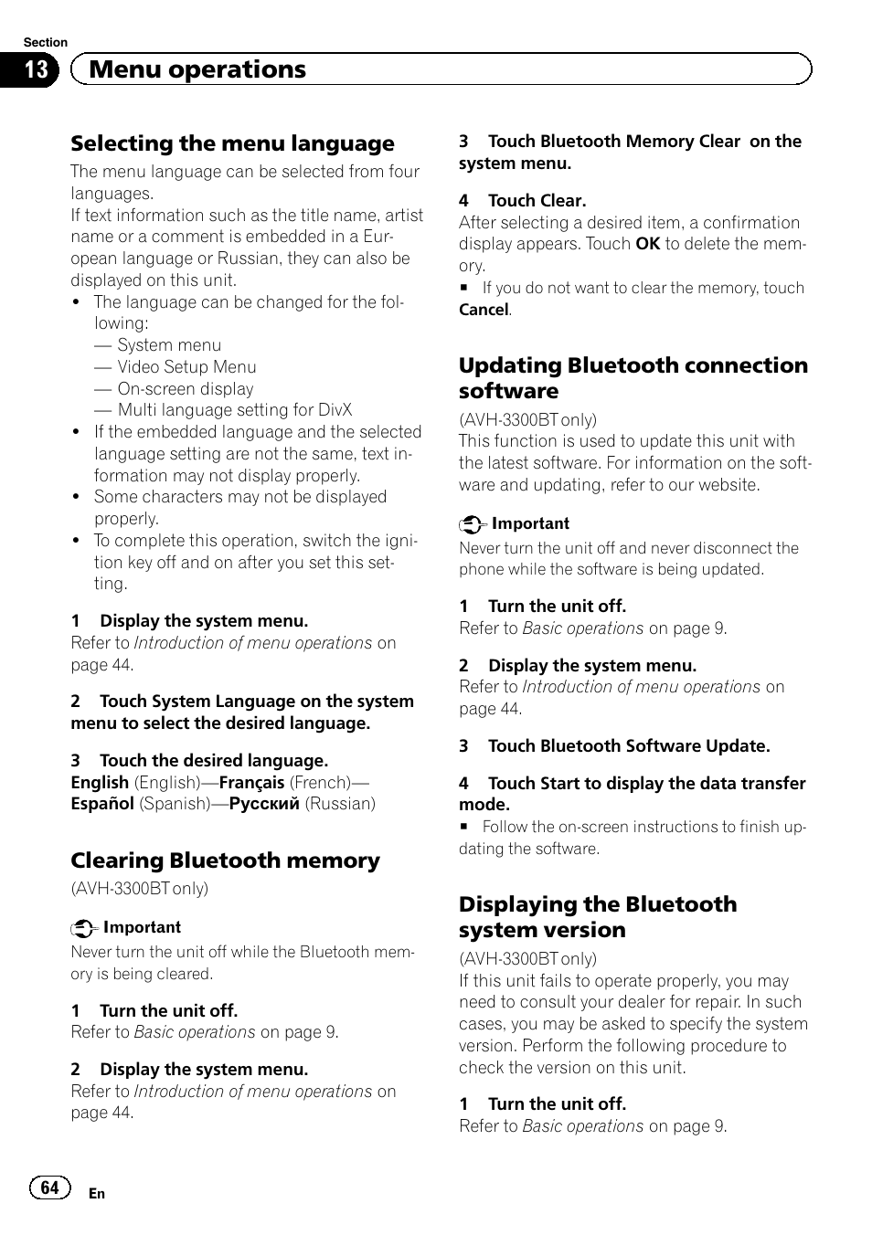 13 menu operations, Selecting the menu language, Updating bluetooth connection software | Displaying the bluetooth system version | Pioneer AVH-3300BT User Manual | Page 64 / 96