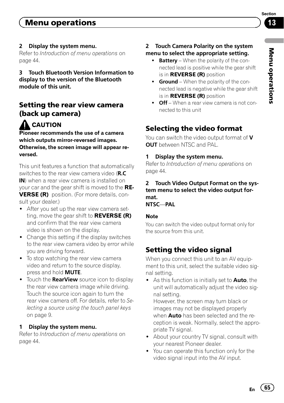 Menu operations, Setting the rear view camera (back up camera), Selecting the video format | Setting the video signal | Pioneer AVH-3300BT User Manual | Page 65 / 96