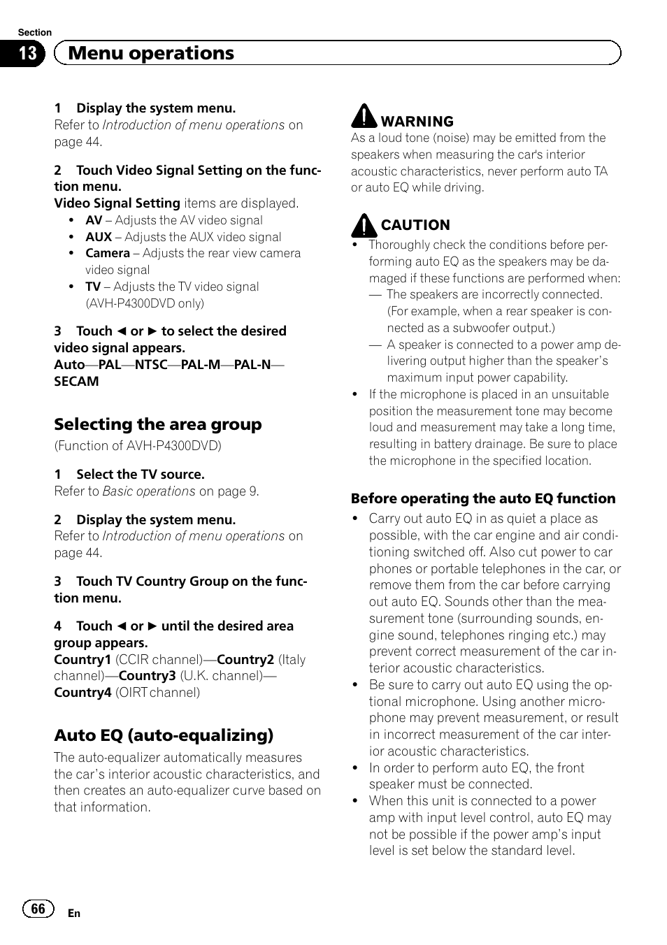 13 menu operations, Selecting the area group, Auto eq (auto-equalizing) | Pioneer AVH-3300BT User Manual | Page 66 / 96