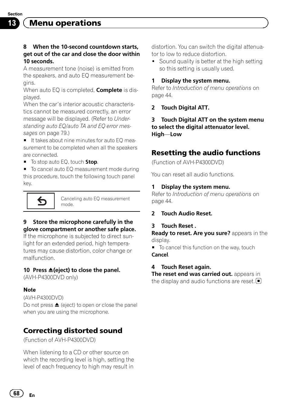 13 menu operations, Correcting distorted sound, Resetting the audio functions | Pioneer AVH-3300BT User Manual | Page 68 / 96