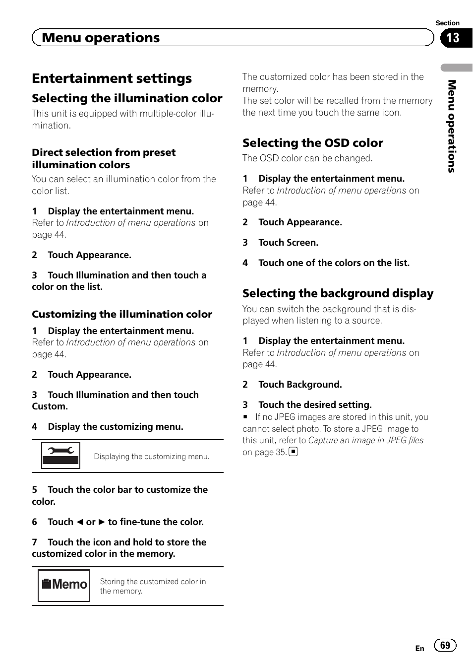 Entertainment settings, Select, Menu operations | Selecting the illumination color, Selecting the osd color, Selecting the background display | Pioneer AVH-3300BT User Manual | Page 69 / 96