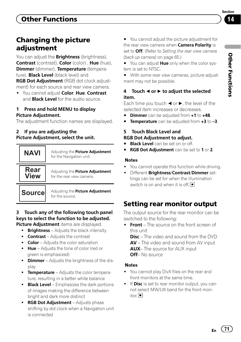 Other functions changing the picture adjustment, Setting rear monitor output, Changing the picture adjustment | Navi, Rear view, Source, Other functions | Pioneer AVH-3300BT User Manual | Page 71 / 96