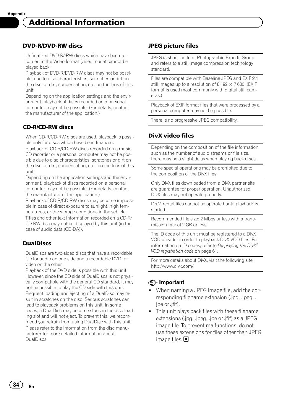 Additional information | Pioneer AVH-3300BT User Manual | Page 84 / 96