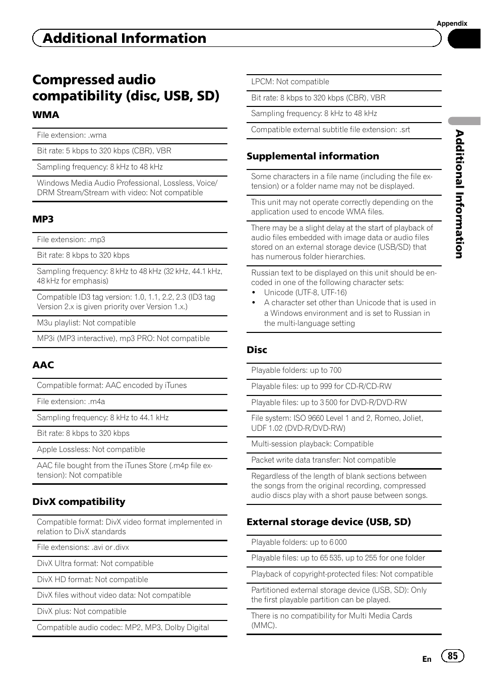 Compressed audio compatibility (disc, usb, Compressed audio compatibility (disc, usb, sd), Additional information | Pioneer AVH-3300BT User Manual | Page 85 / 96