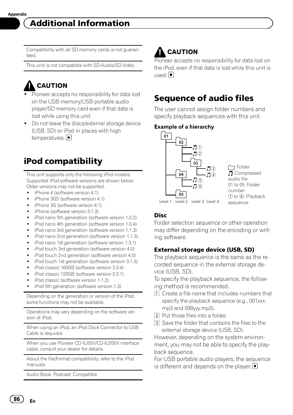 Ipod compatibility, Sequence of audio files, Additional information | Caution | Pioneer AVH-3300BT User Manual | Page 86 / 96
