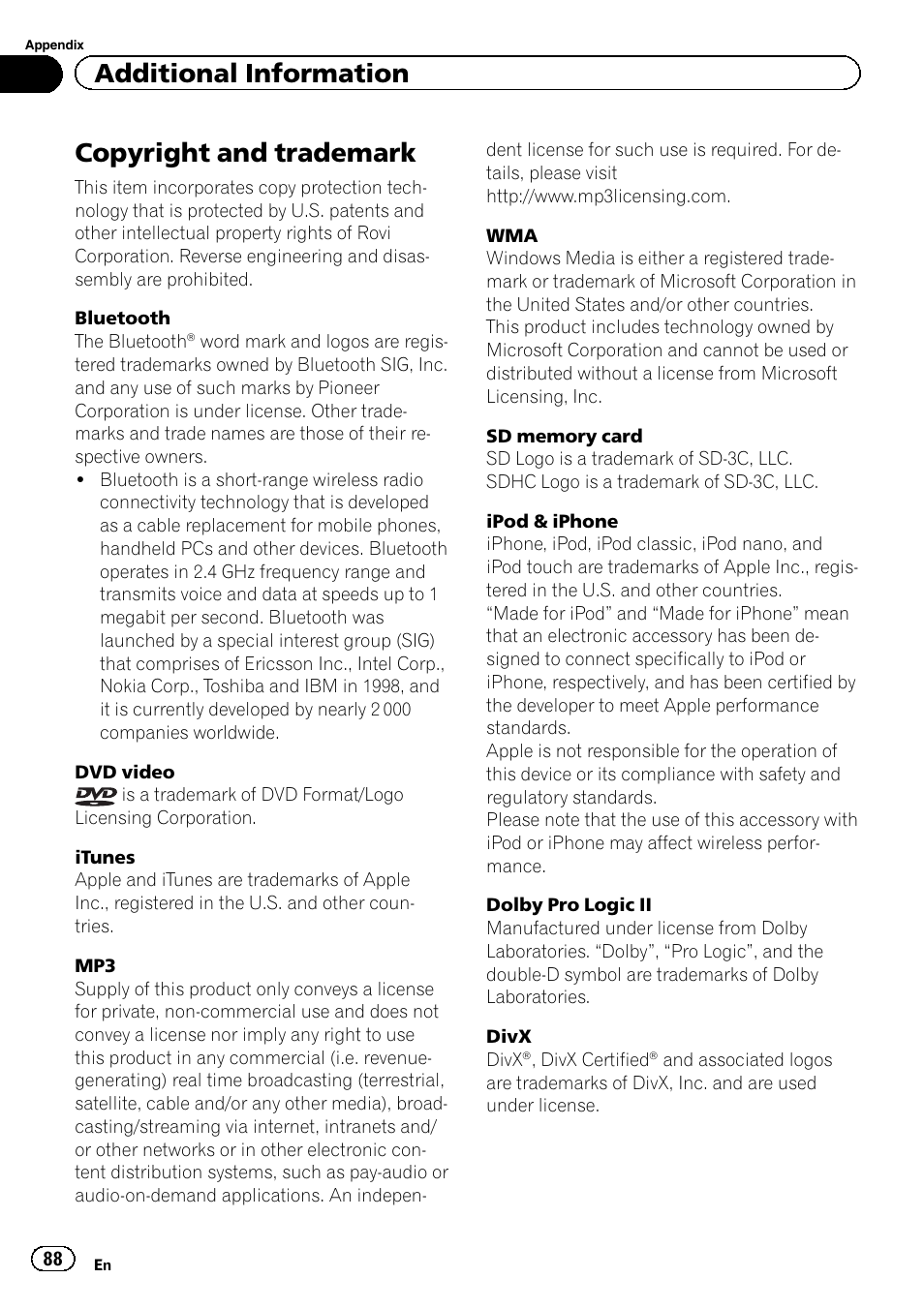 Copyright and trademark, Additional information | Pioneer AVH-3300BT User Manual | Page 88 / 96
