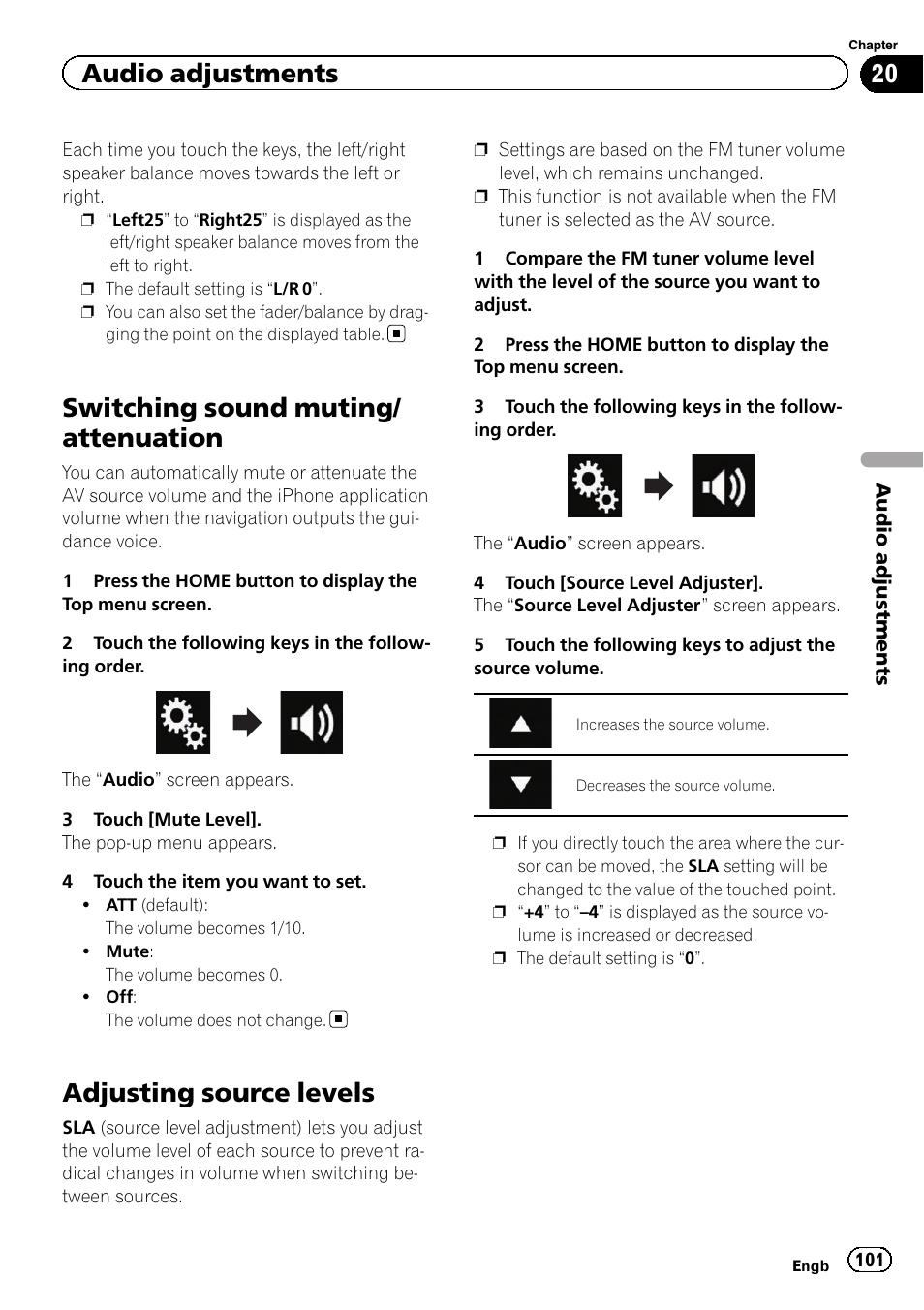 Switching sound muting/attenuation, Adjusting source levels, Switching sound muting/ attenuation | Audio adjustments | Pioneer AVH-X8600BT User Manual | Page 101 / 156
