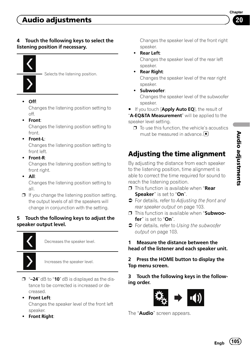 Adjusting the time alignment, Audio adjustments | Pioneer AVH-X8600BT User Manual | Page 105 / 156