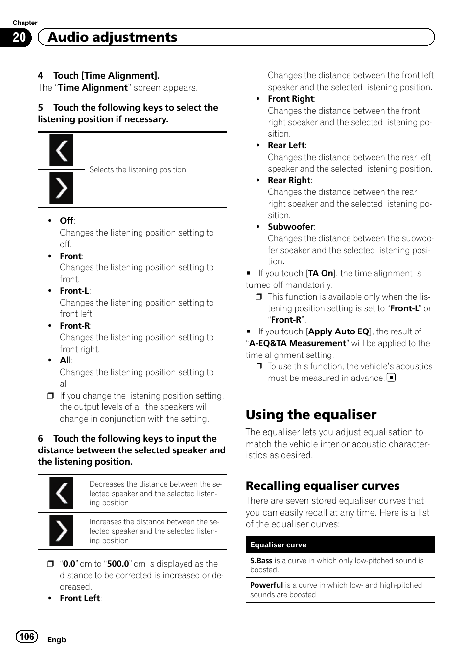 Using the equaliser, Recalling equaliser curves 106, 20 audio adjustments | Recalling equaliser curves | Pioneer AVH-X8600BT User Manual | Page 106 / 156