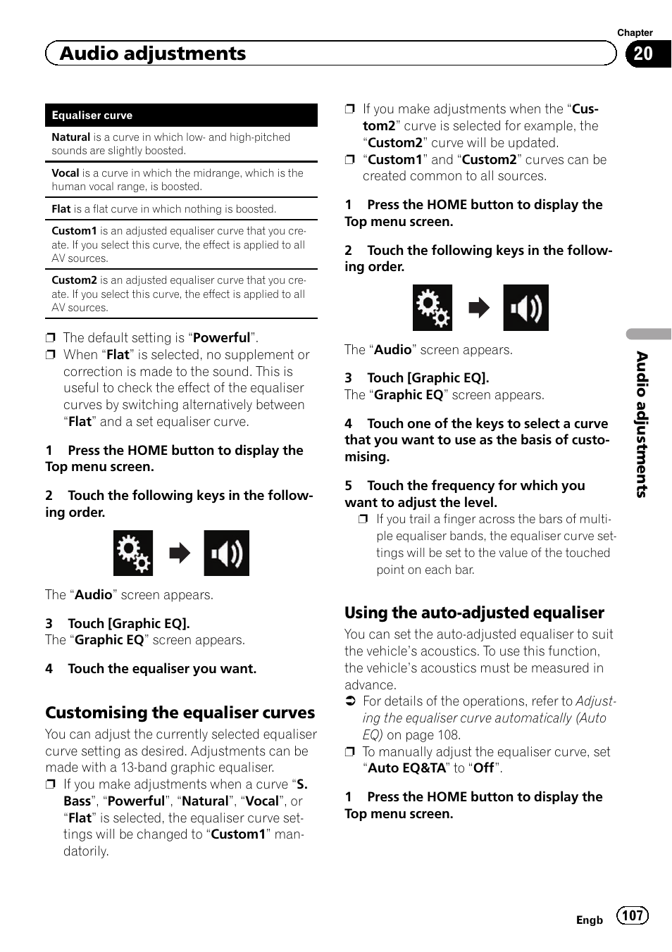 Customising the equaliser curves 107, Using the auto-adjusted equaliser 107, Audio adjustments | Customising the equaliser curves, Using the auto-adjusted equaliser | Pioneer AVH-X8600BT User Manual | Page 107 / 156
