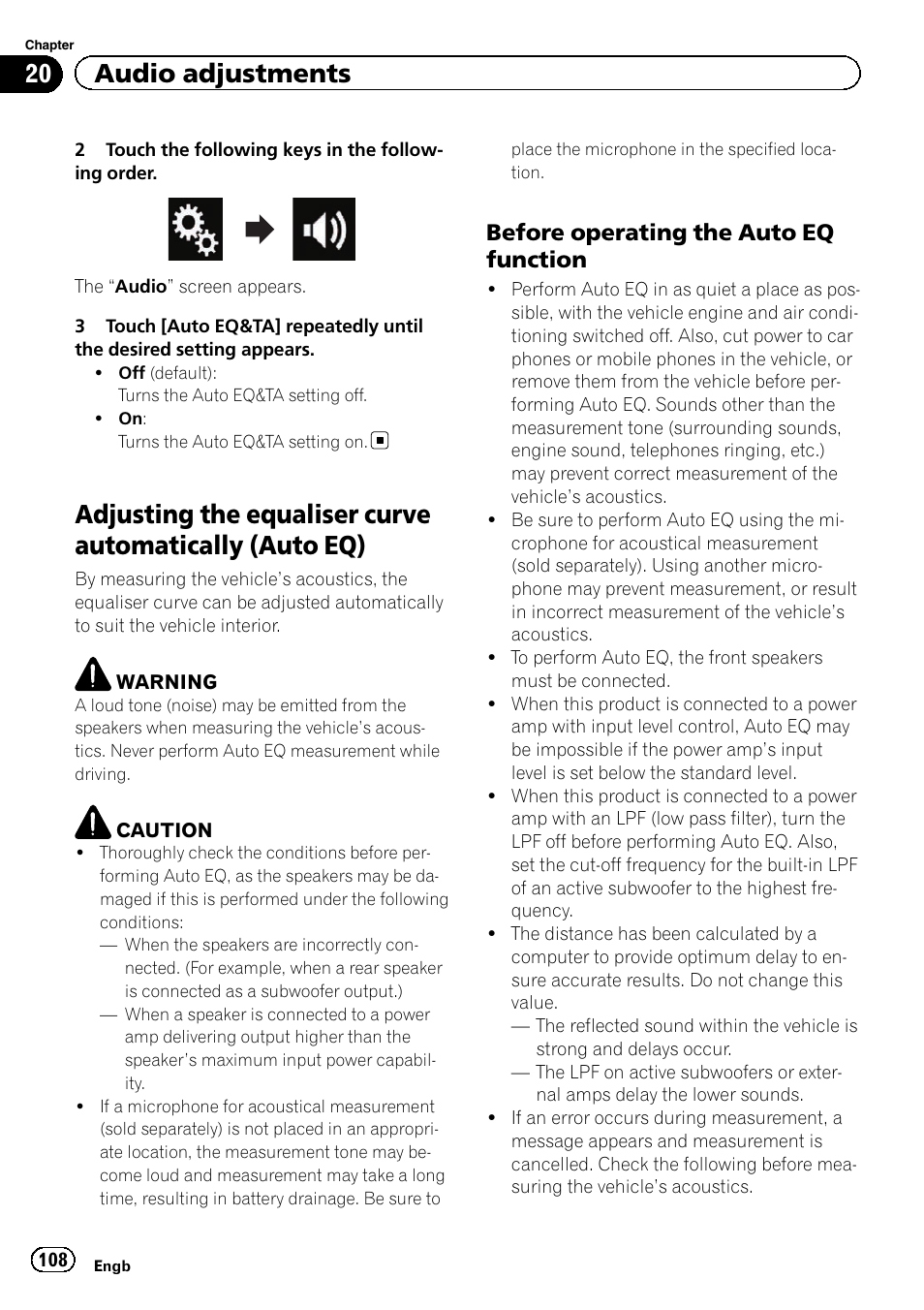 Adjusting the equaliser curve automatically, Auto eq), Before operating the auto eq | Function, 20 audio adjustments, Before operating the auto eq function | Pioneer AVH-X8600BT User Manual | Page 108 / 156