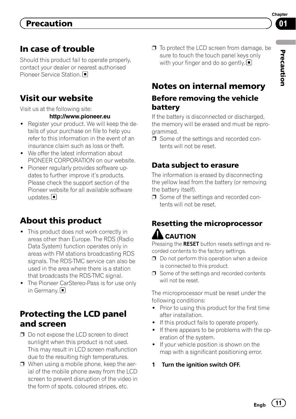 In case of trouble, Visit our website, About this product | Protecting the lcd panel and screen, Notes on internal memory, Before removing the vehicle, Battery, Data subject to erasure 11, Resetting the microprocessor 11, Precaution | Pioneer AVH-X8600BT User Manual | Page 11 / 156