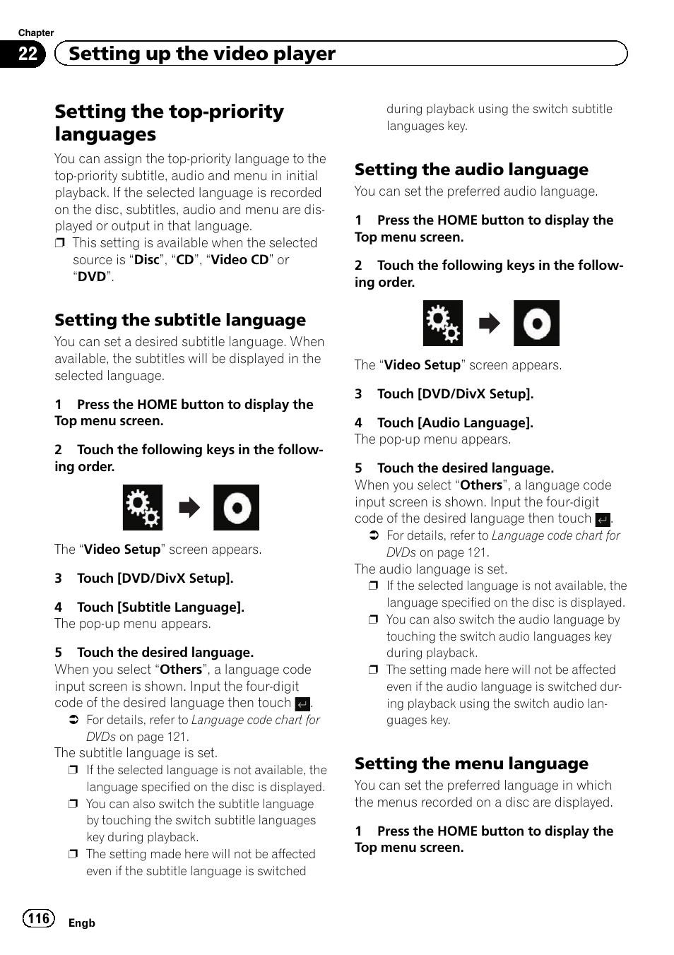 Setting the subtitle language 116, Setting the audio language 116, Setting the menu language 116 | Setting the top-priority languages, 22 setting up the video player, Setting the subtitle language, Setting the audio language, Setting the menu language | Pioneer AVH-X8600BT User Manual | Page 116 / 156