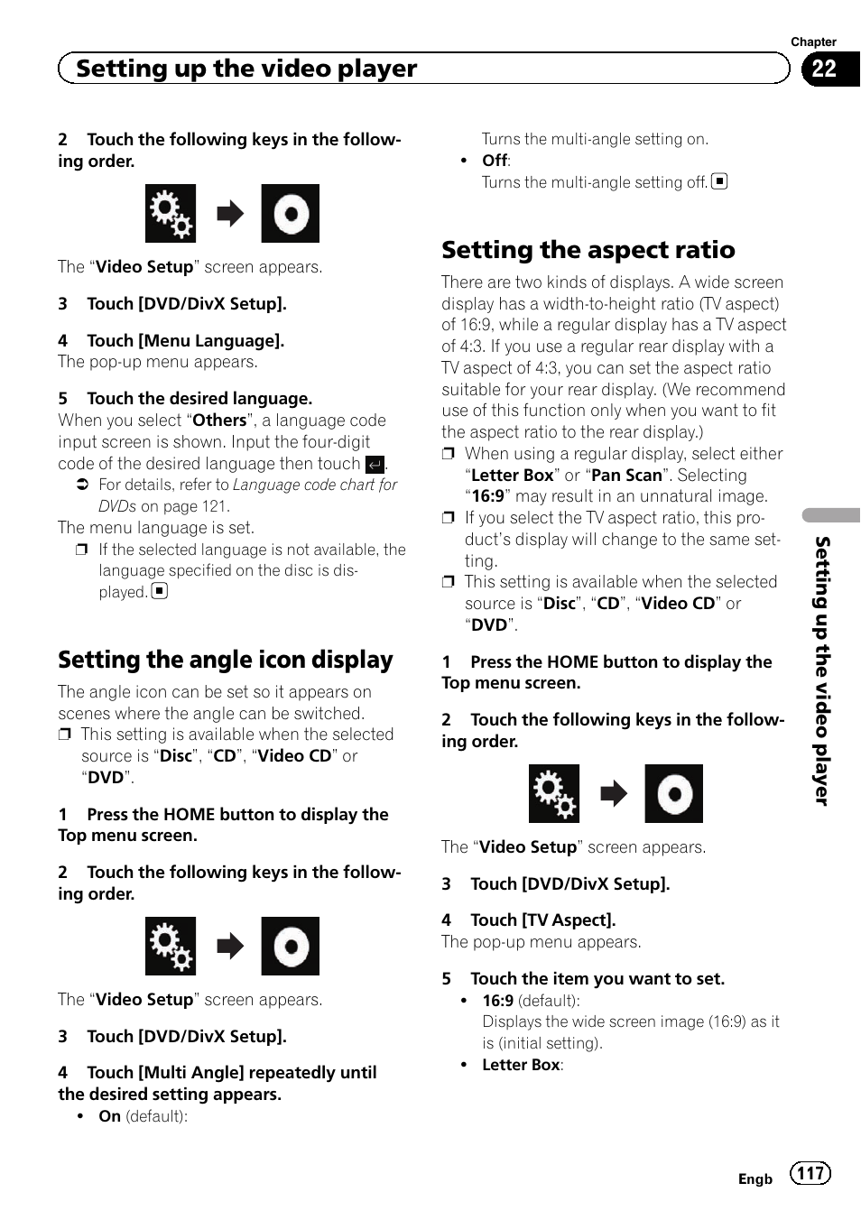 Setting the angle icon display, Setting the aspect ratio, Setting up the video player | Pioneer AVH-X8600BT User Manual | Page 117 / 156