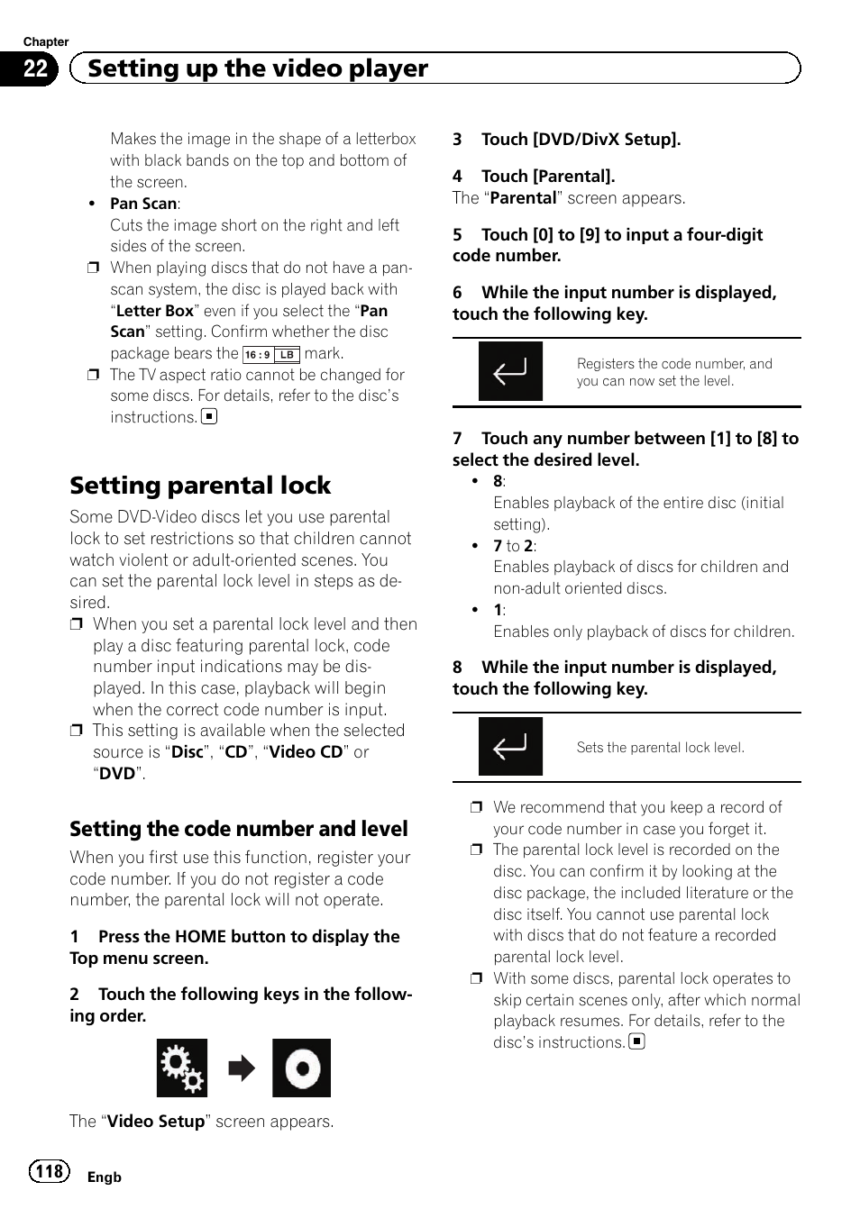 Setting parental lock, Setting the code number and, Level | 22 setting up the video player, Setting the code number and level | Pioneer AVH-X8600BT User Manual | Page 118 / 156