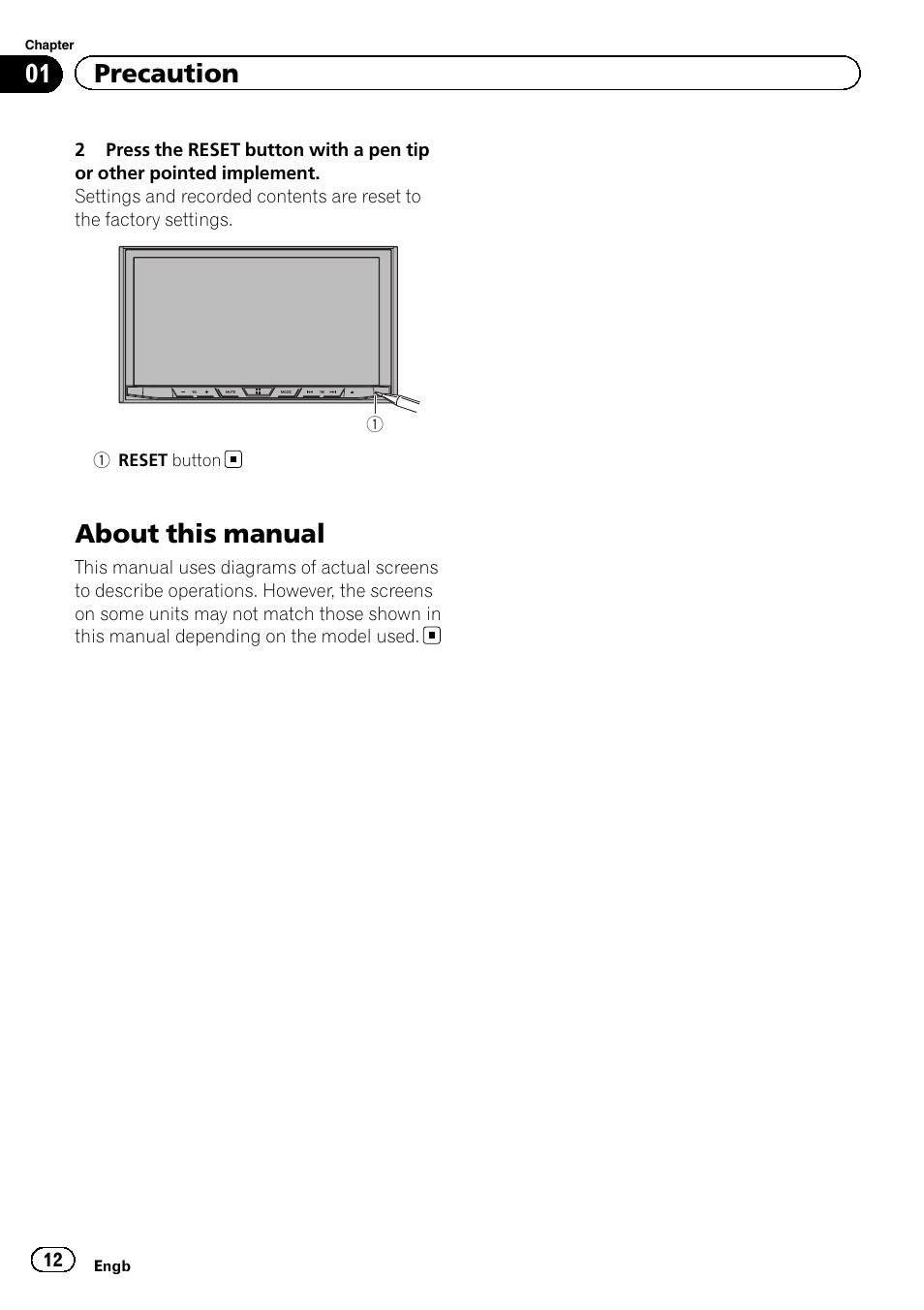 About this manual, 01 precaution | Pioneer AVH-X8600BT User Manual | Page 12 / 156