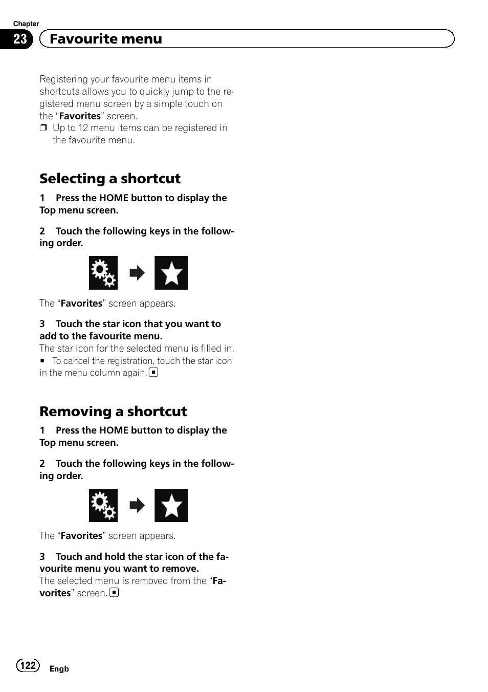 Favourite menu selecting a shortcut, Removing a shortcut, Selecting a shortcut | 23 favourite menu | Pioneer AVH-X8600BT User Manual | Page 122 / 156