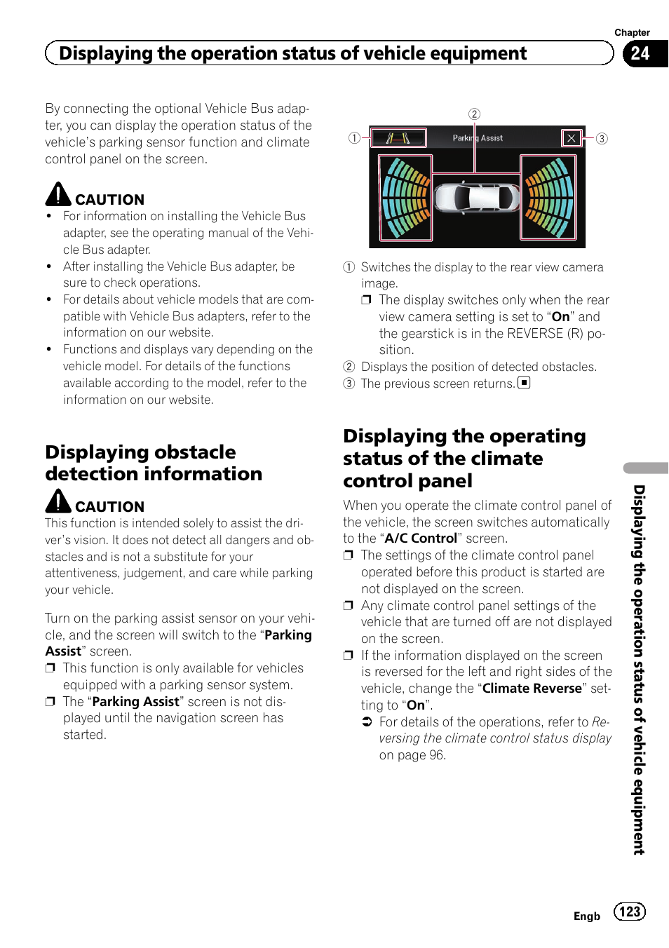 Information, Displaying the operating status of the climate, Control panel | Displaying obstacle detection information | Pioneer AVH-X8600BT User Manual | Page 123 / 156